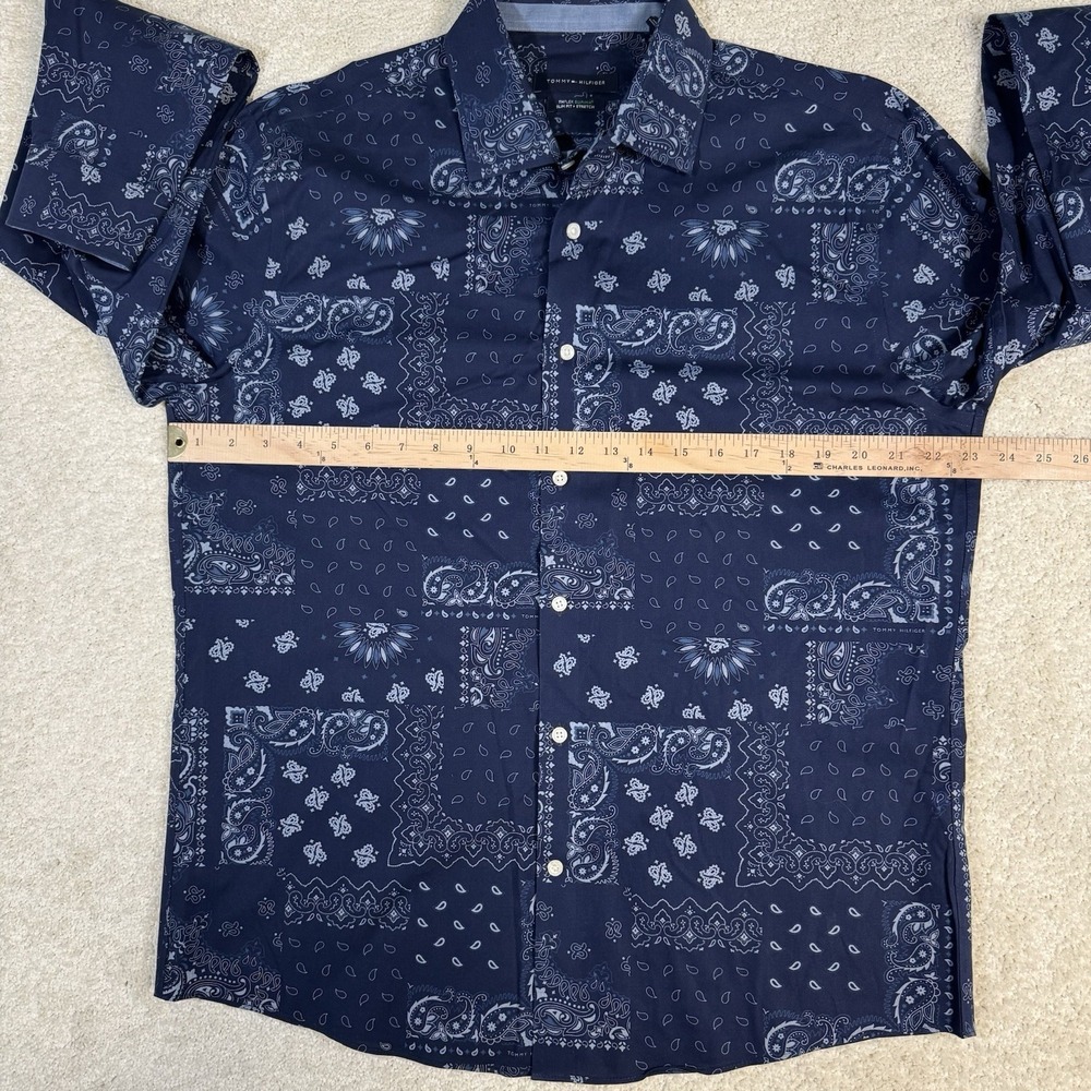 TOMMY HILFIGER Button-Up Shirt Mens Large Slim Fit Blue Cotton Stretch Paisley - Picture 3 of 8